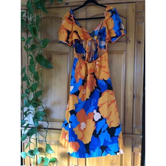 Tabitha Brown Tropical Floral Print Puff Sleeve Tie-Back Midi Dress SZ 4 - Picture 6 of 12